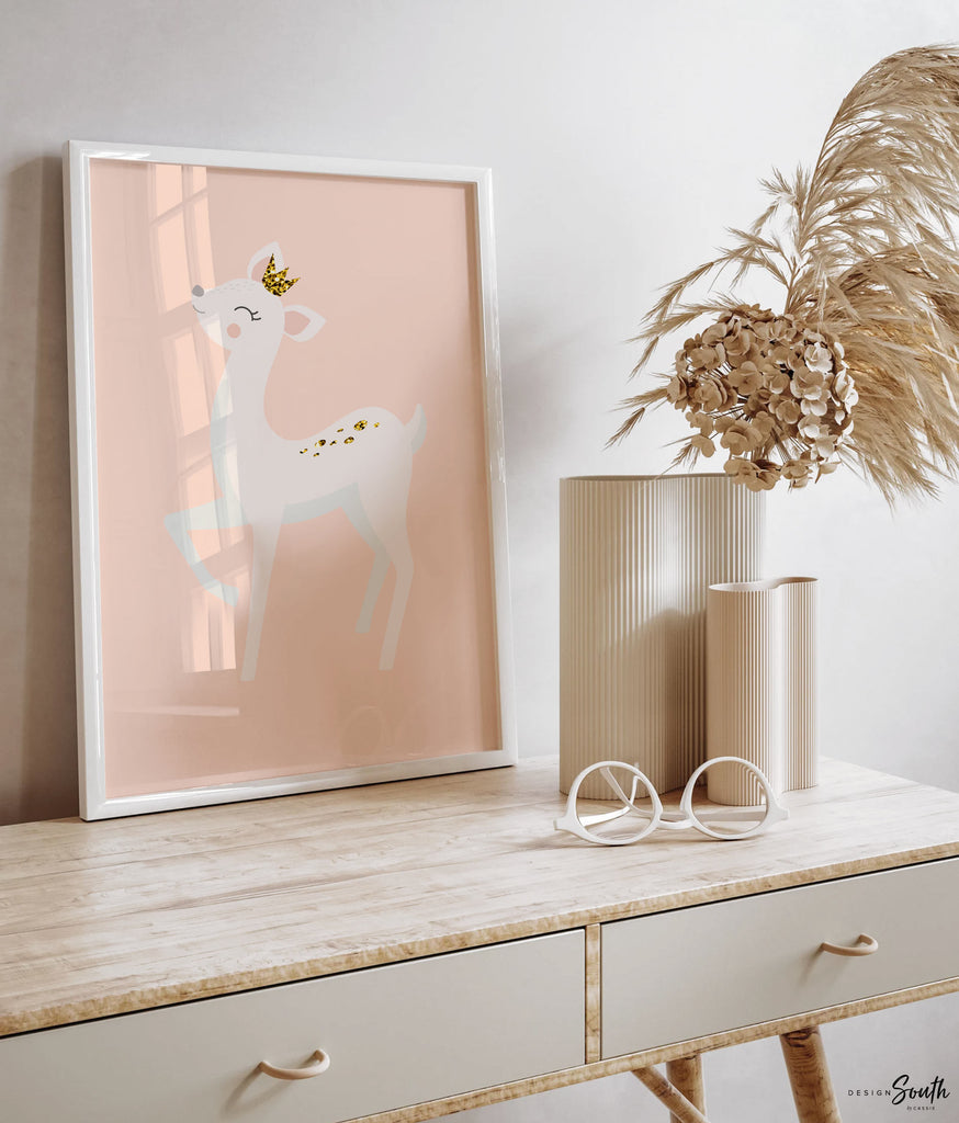 Girl deer nursery, girl deer wall art, personalized deer nursery wall art, blush pink deer art, princess animal deer decor, pink fawn baby