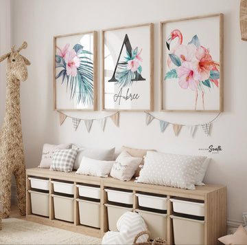 Tropical leaves girl's room wall art, flamingo nursery decor, tropical hawaiian theme room, tropical baby shower gift for girl personalized