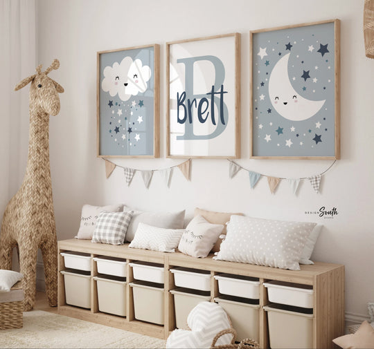 Baby boy nursery wall art, personalized boys name, baby blue and gray, moon & stars, nursery art for boy, idea for nursery, neutral boys art – unframed wall art print for kids room or nursery.
