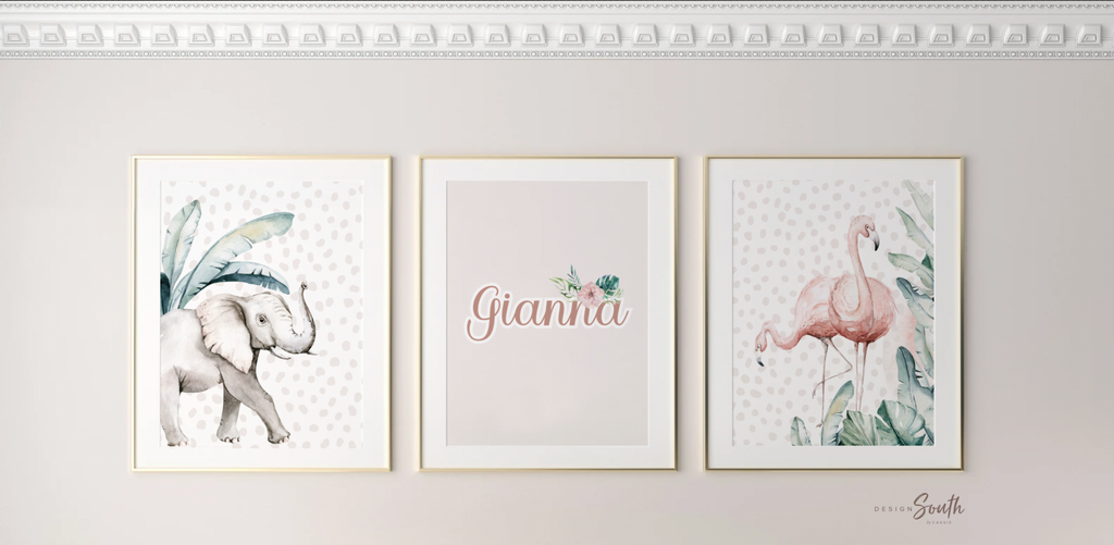 Girl's name gifts, tropical girl's name for room art, flamingo and elephant art print set, baby girl nursery neutral modern, tropical baby