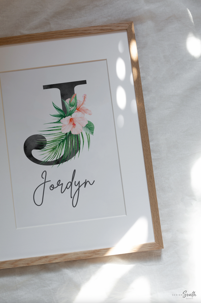 Girl nursery decor, palm leaf tropical theme nursery art, mint green tropics botanical girl wall, palm nursery decor, pink tropical decor