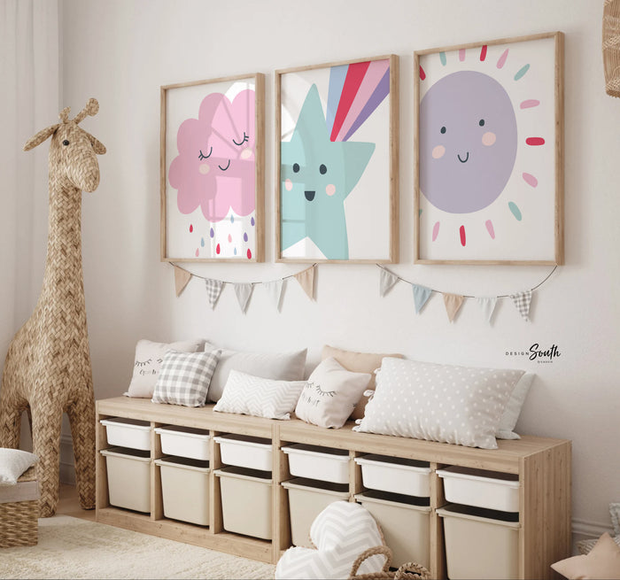 Pastel nursery decor, shooting star wall art, nursery bedroom decor star cloud sun, pastel newborn prints, sunshine nursery print set of 3