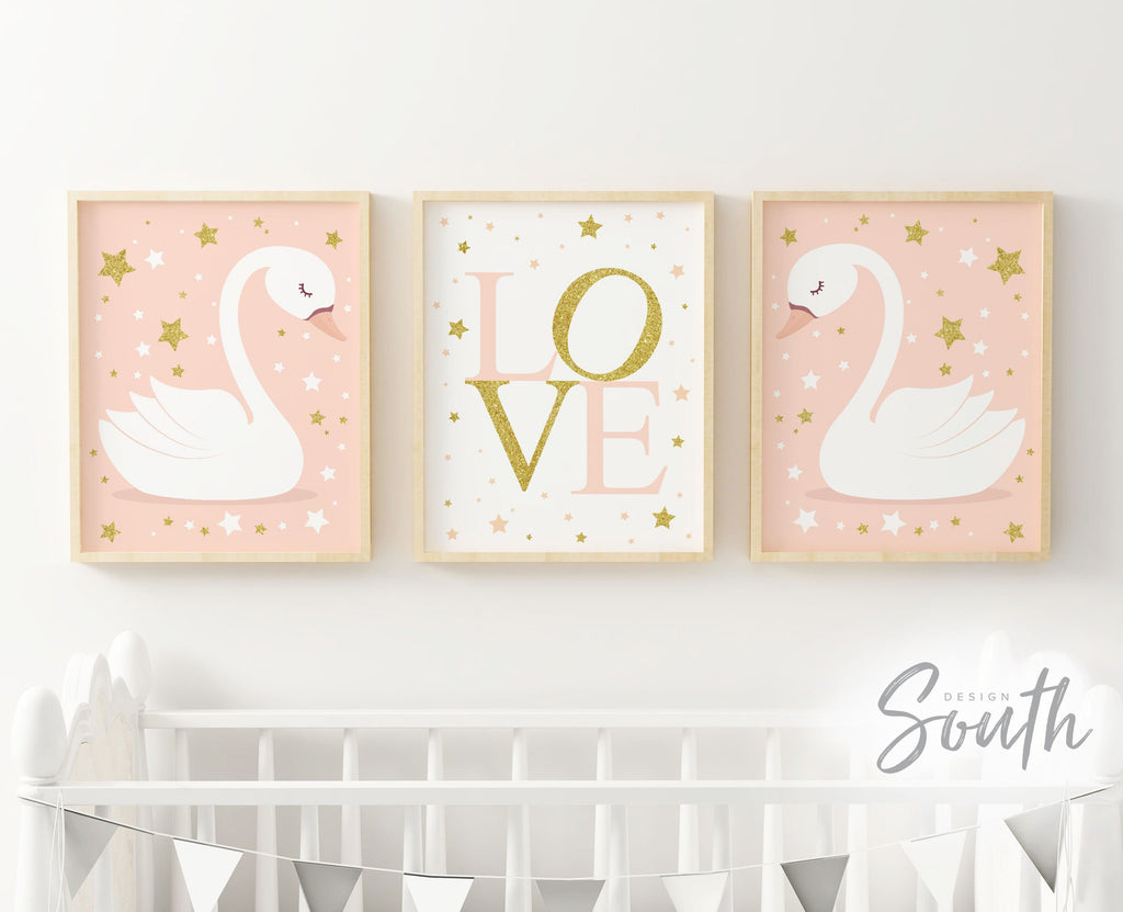 Peach and gold love baby wall decor, baby girl nursery art, wall art for girls nursery, wall decor for girls nursery, swans baby, swan theme