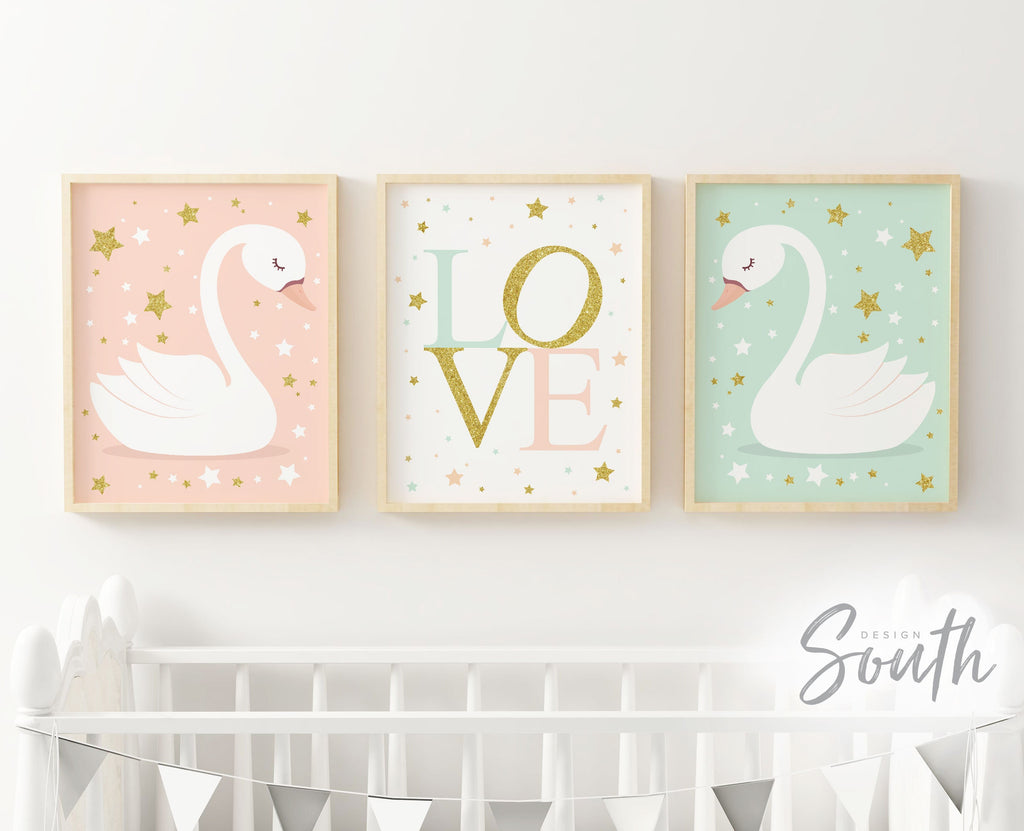 Love print set nursery wall, swan gift for little girl room, swan nursery decor, baby girl love print, swan print, wall art girl bedroom