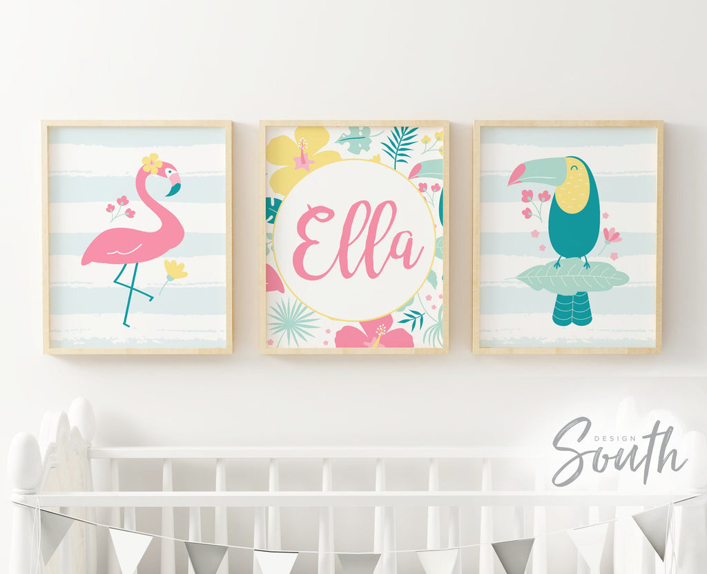 Tropical nursery decor, wall art for girls room personalized, tropical nursery wall art, girls bedroom art, tropical baby shower, flamingos