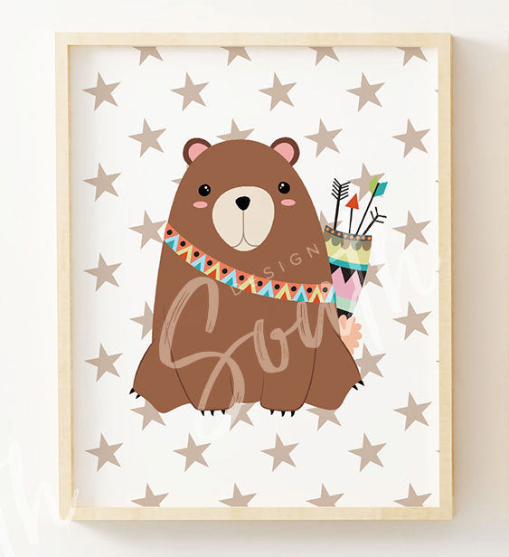 Tribal bear fox woodland, animal nursery wall art, bear fox squirrel, baby neutral nursery decor, animal decor for nursery, woodland baby