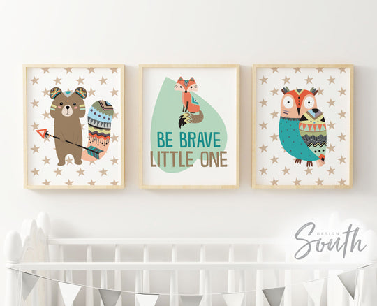 Tribal squirrel woodland, animal nursery wall art, owl fox squirrel, baby boy neutral nursery decor, animal decor for nursery, woodland baby – unframed wall art print for kids room or nursery.