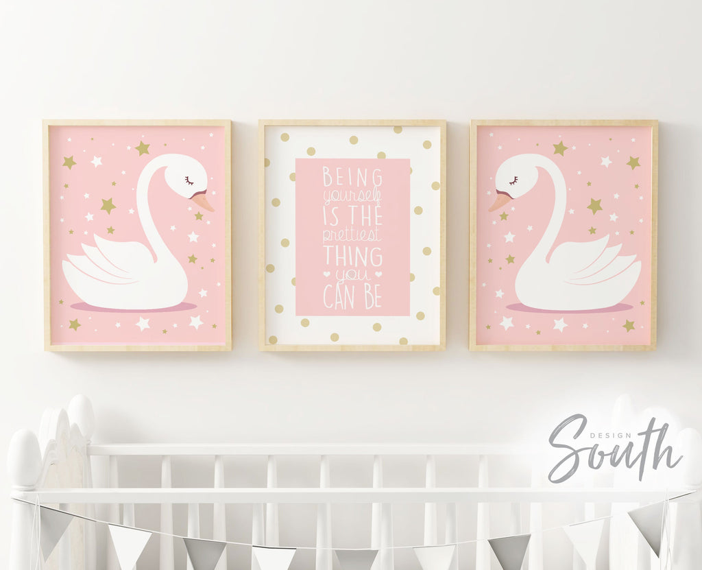 Pink gold nursery, blush nursery wall art, pink nursery prints, pink and gold, being yourself is the prettiest, be yourself, pink swan decor