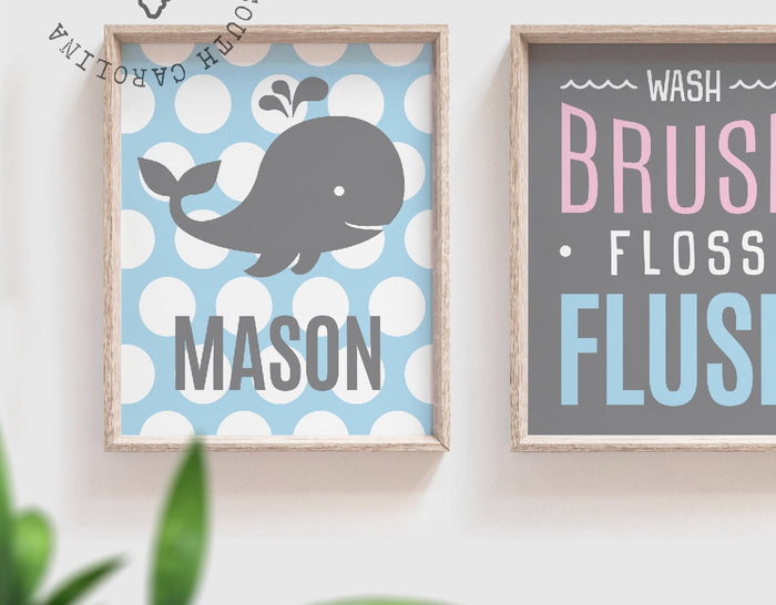 Whale bathroom decor, kids whale bathroom, twins whale bathroom, boy/girl bathroom prints, pink and blue, wash brush flush floss, wall art