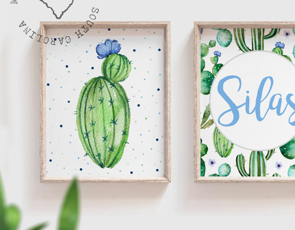 Cactus nursery succulents, personalized wall art, blue floral baby name gift, watercolor desert cactus, cactus blooms, nursery ideas blue