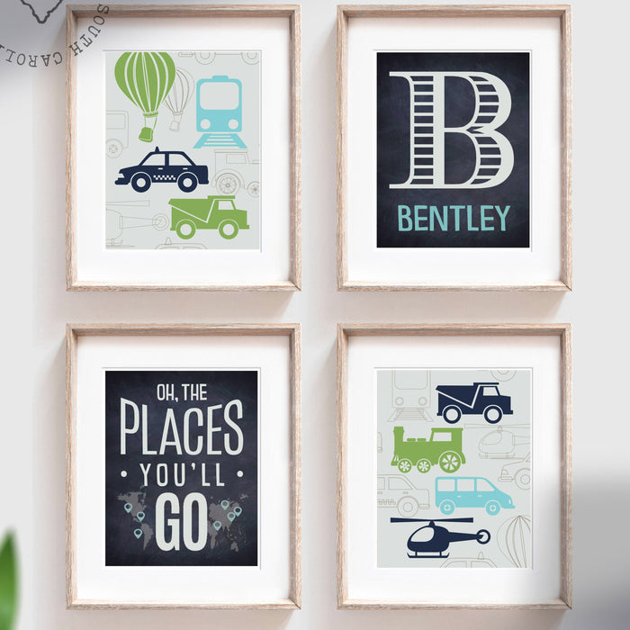 Transportation nursery decor, blue, green, aqua, oh the places you'll go, personalized print, name, transportation prints, helicopter, train