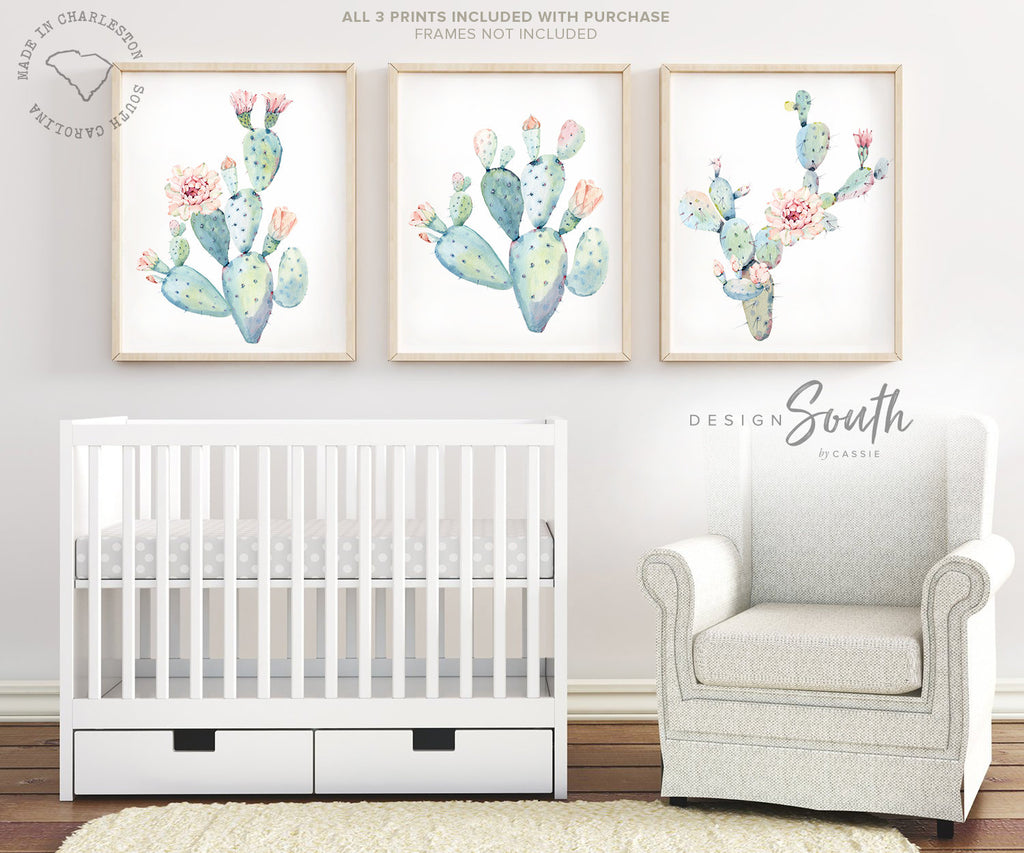 Floral cactus wall art nursery, baby girl's room wall art, succulent desert cactus bloom pink flowers, gallery wall, girl playroom pink art