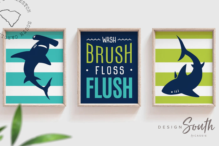 Shark bathroom decor, boys shark bathroom, boys bathroom wall art, ocean theme bathroom, shark theme bathroom, wash, brush, floss, teal lime