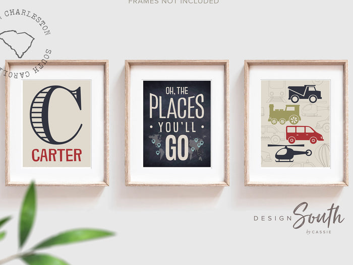 Transportation theme for boys nursery or bedroom, personalized name print for boys, oh the places you'll go, blue, red and green print, art