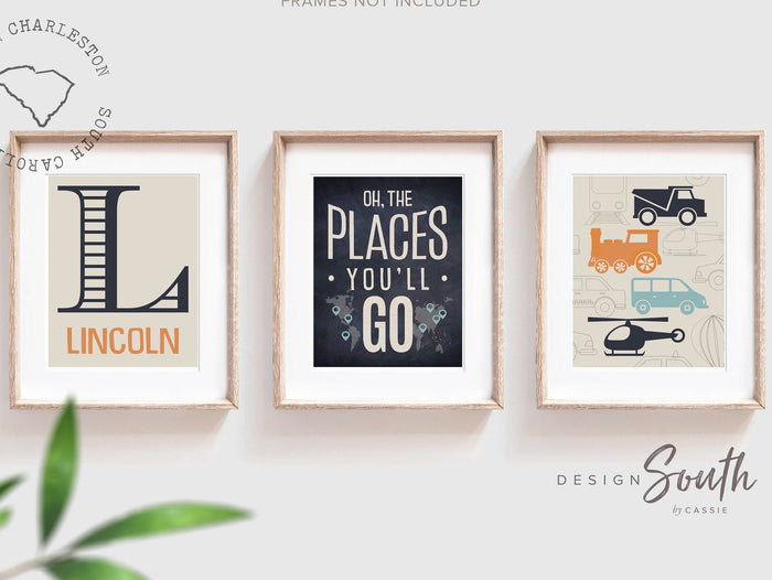 Transportation theme for boys nursery or bedroom, personalized name print for boys, oh the places you'll go, orange, blue, navy, car nursery