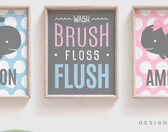 Whale bathroom decor, kids whale bathroom, twins whale bathroom, boy/girl bathroom prints, pink and blue, wash brush flush floss, wall art