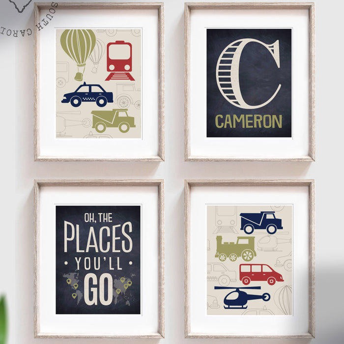 Transportation theme nursery, bedroom, or playroom, boys prints, boys decor, cars trucks train balloon, name print, oh the places you'll go