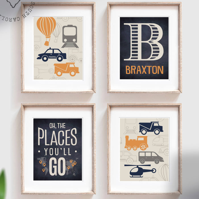 Transportation nursery decor, gray, orange, navy blue, oh the places you'll go, personalized print, transportation prints, helicopter, train