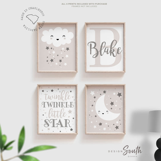 Unisex nursery theme ideas, customized name wall art print, neutral baby shower gift, gender neutral monogram, nursery decorating ideas gray – unframed wall art print for kids room or nursery.