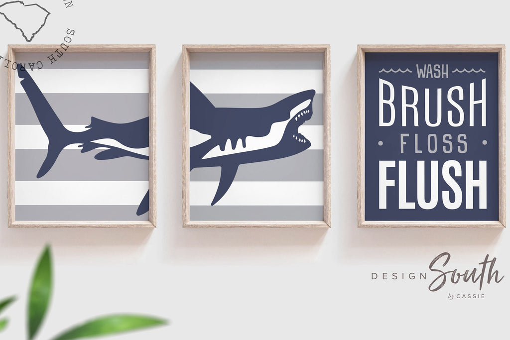 Shark bathroom decor, boys shark bathroom, boys bathroom wall art idea, shark gift for boy, shark theme bathroom, wash brush floss navy gray