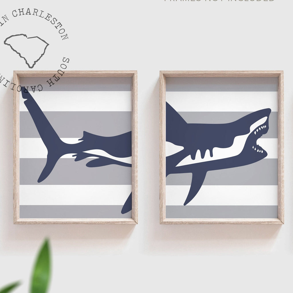 Shark bathroom decor, boys shark bathroom, boys bathroom wall art idea, shark gift for boy, shark theme bathroom, wash brush floss navy gray