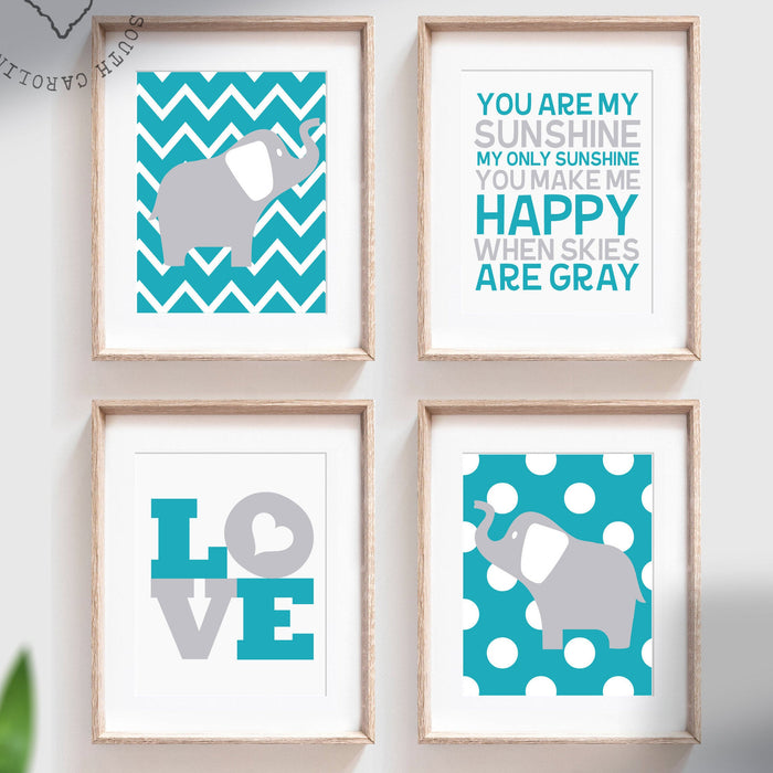 Teal and gray elephant art prints, teal turquoise gray elephant nursery wall art, elephant boy room decor, chevron elephant nursery decor