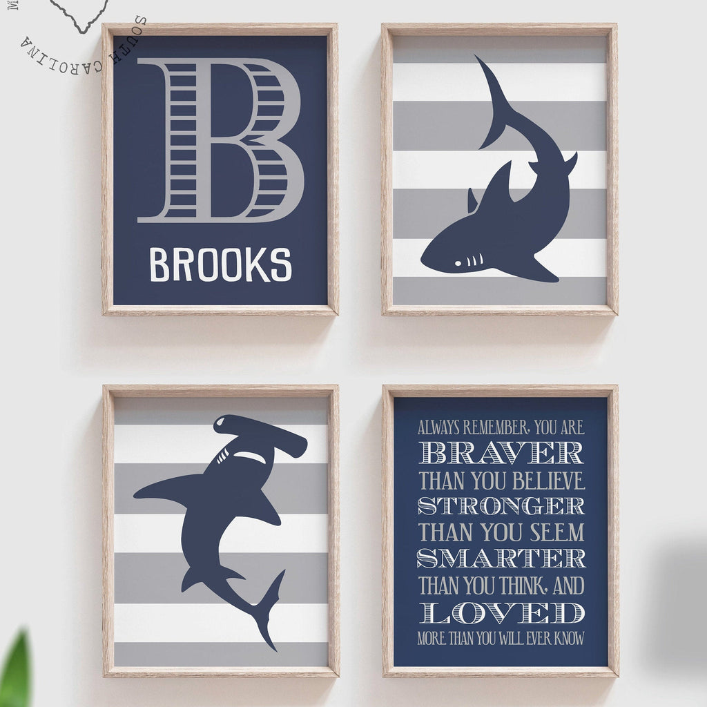 Boys navy blue and gray shark room decor, boys wall art, big boy bedroom, boys shark bedroom personalized name, shark nursery, shark decor