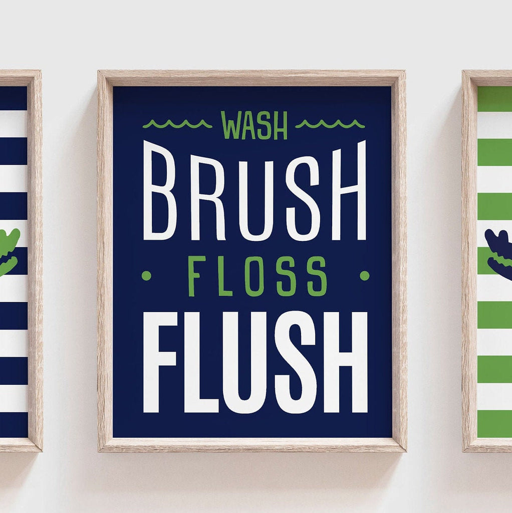 Little boy bathroom decor, gator bathroom, navy blue and green alligator bathroom, boys bathroom decor, wash brush floss flush, alligators