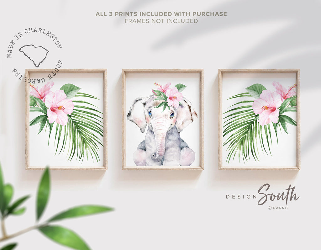 tropical_theme_art,pink_and_gray_baby,elephant_wall_prints,watercolor_animals,decor_ideas_nursery,children's_art_gift,baby_shower_elephant,hawaiian_flowers,palm_leaves_nursery,baby_girl_pictures,wall_art_little_girl,girl_bedroom_decor,bedroom_wall_toddler