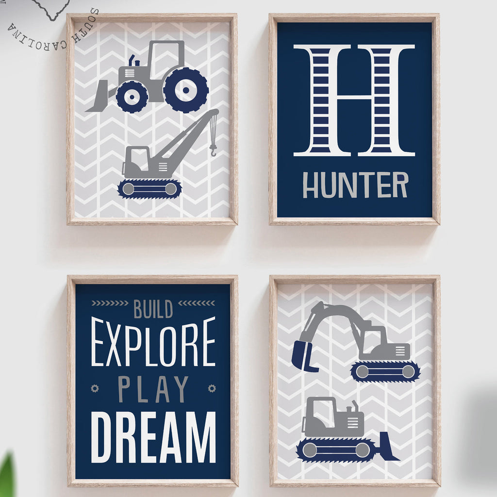 Build explore play dream, big boy bedroom construction, digger prints, digger wall art, boys construction theme bedroom, boys bedroom decor