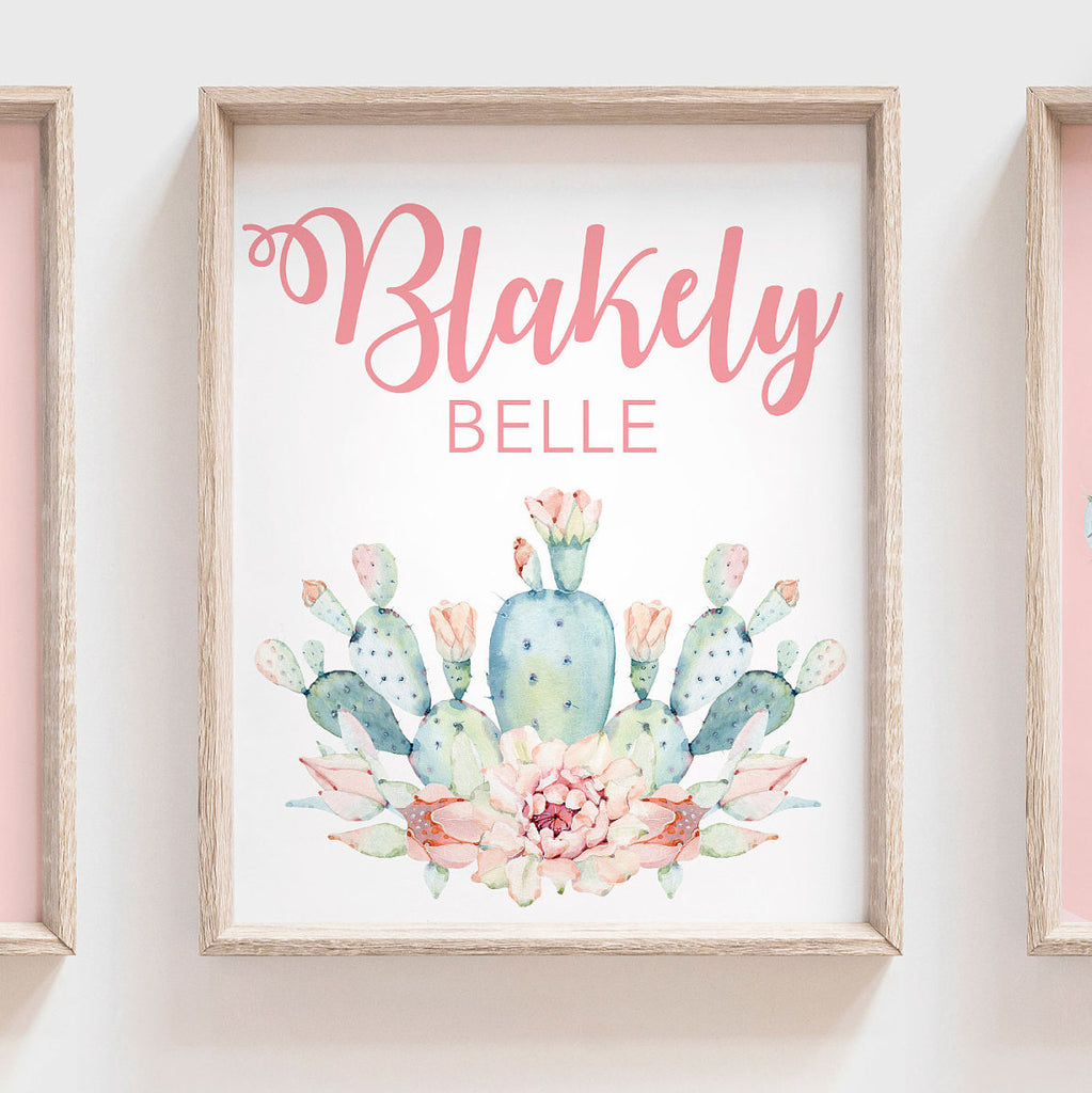 Baby girl nursery wall art, succulent theme baby shower, pink and mint wall art for baby, girl's bedroom decor ideas, cactus theme nursery