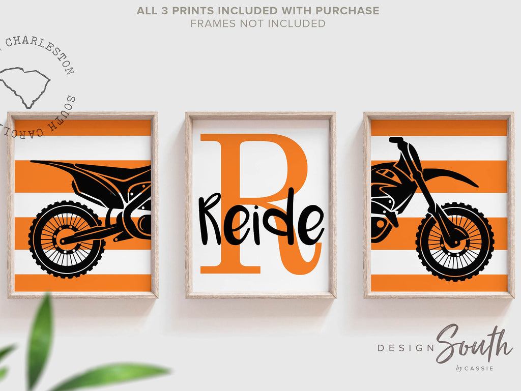Boy's motocross, dirt bike themed sports kids birthday party gift, personalized boys name, orange and black dirt bike room decor motocross