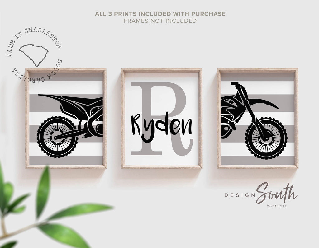 Boy's motocross, dirt bike themed sports kids birthday party gift, personalized boys name, orange and black dirt bike room decor motocross gray