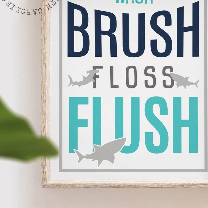 Shark bathroom decor, shark prints, aqua, navy blue, wash, brush, floss, flush, boys bathroom, boys shark bathroom, prints, art, ocean