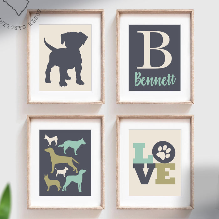 Rustic nursery decor, blue and green nursery decor, boys puppy dog wall decor, boy bedroom decor, personalized boys art, puppy dog paw print