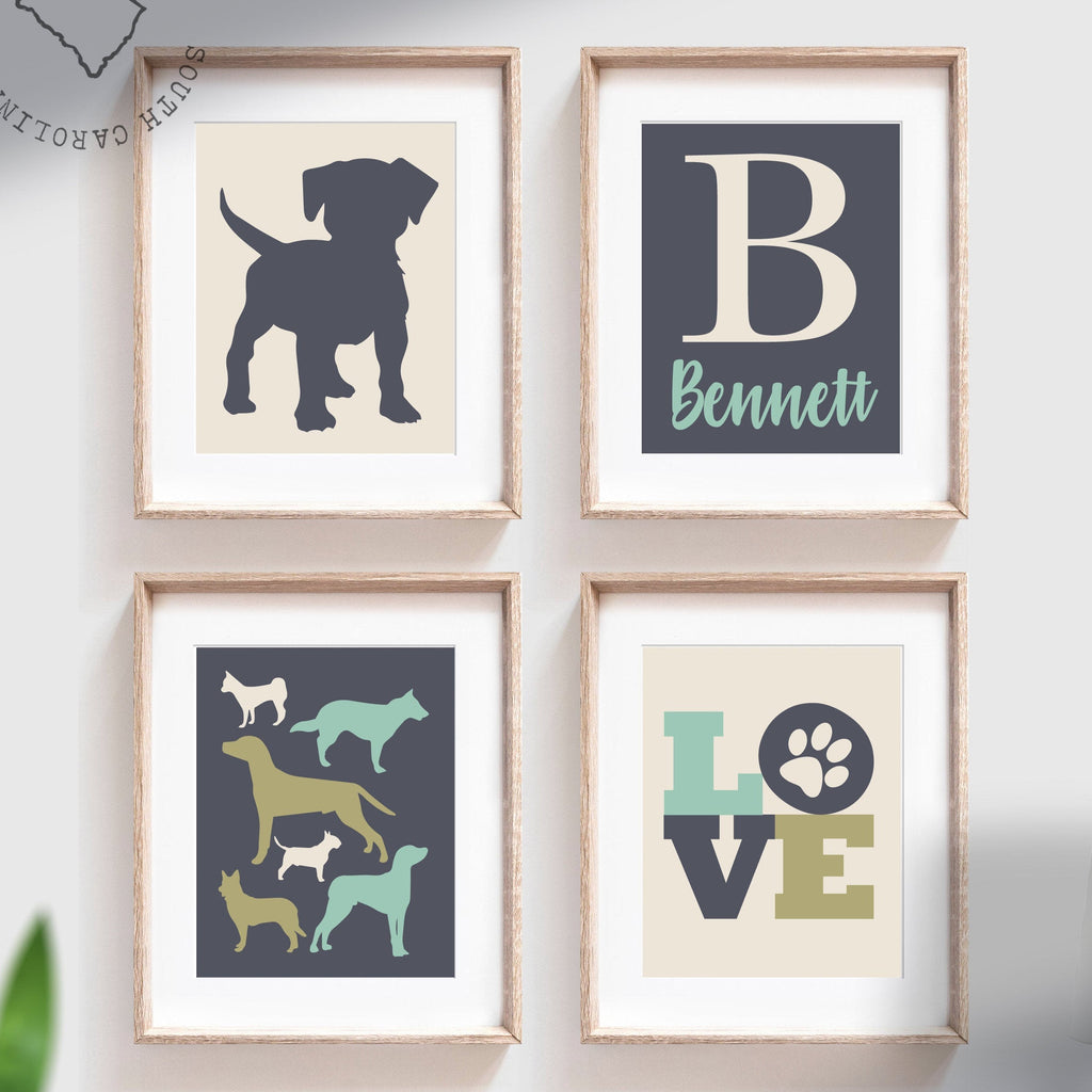 Rustic nursery decor, blue and green nursery decor, boys puppy dog wall decor, boy bedroom decor, personalized boys art, puppy dog paw print – unframed wall art print for kids room or nursery.