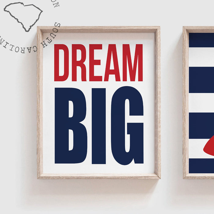 Red and navy blue shark nursery wall decor, shark nursery dream big little one nautical decor, shark boy nursery wall art, red boys bedroom