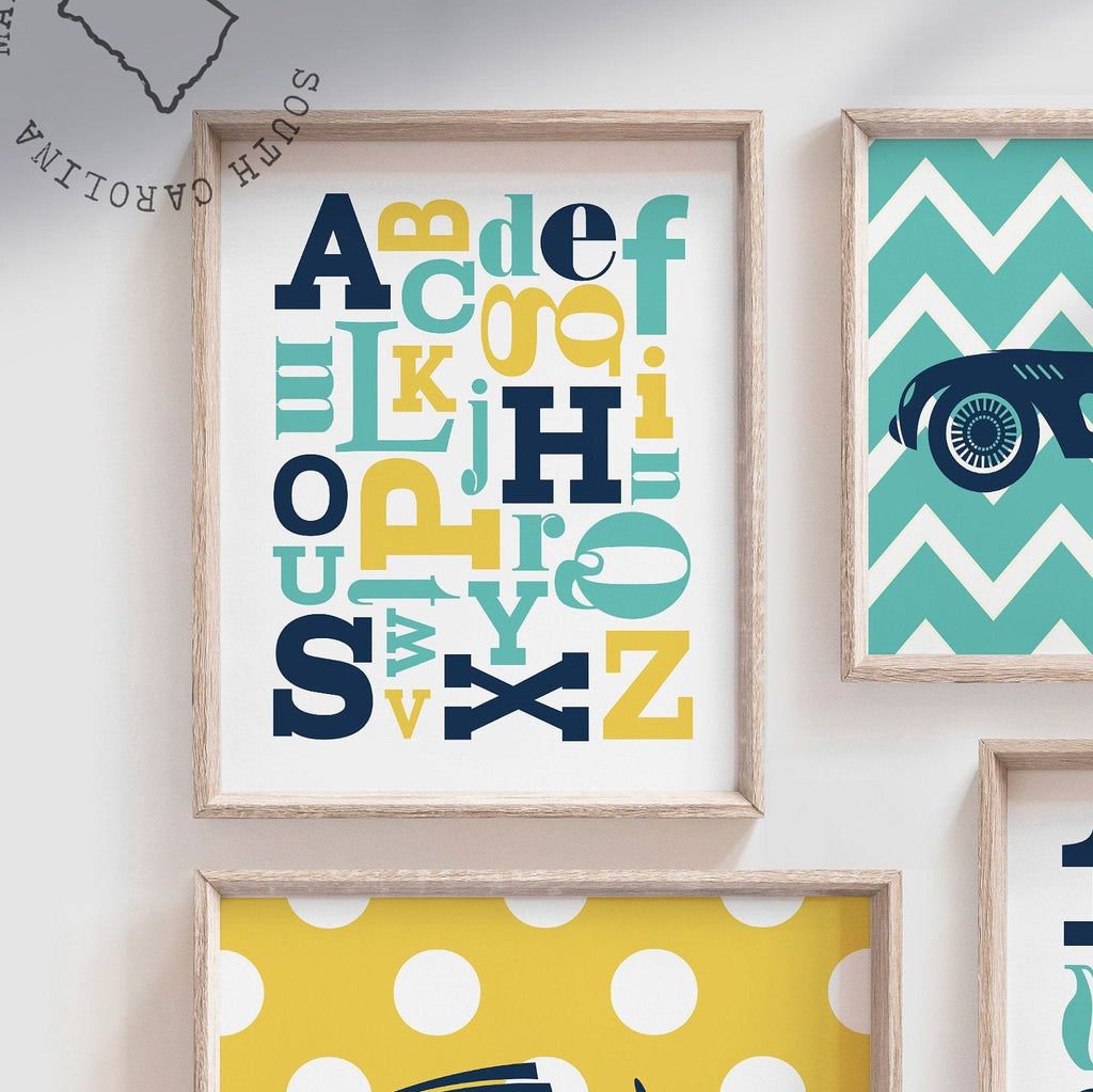 Yellow teal, boy car nursery, boy car bedroom, car wall art prints, kid car theme art, race car decor, boys race car art, navy blue kid art – unframed wall art print for kids room or nursery.