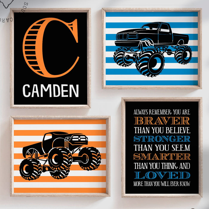 Monster truck wall personalized name for boys room decor, truck theme wall prints, boys monster truck with name, toddler truck bedroom decor