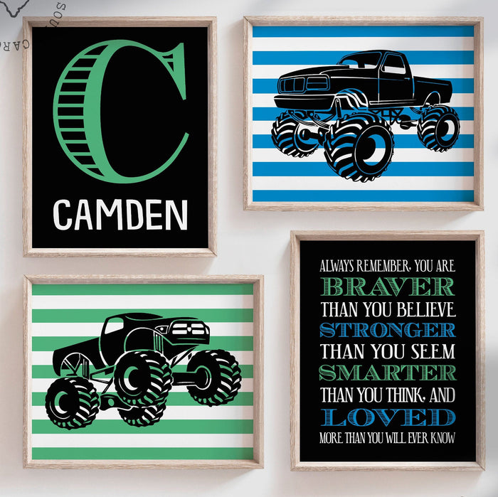 Monster truck wall personalized name for boys room decor, truck theme wall prints, boys monster truck with name, toddler truck bedroom decor
