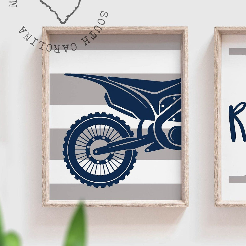 Dirt bike themed room decorating accessories, kids racing bedroom, personalized kids name decor art print, motocross bedroom theme for boy,