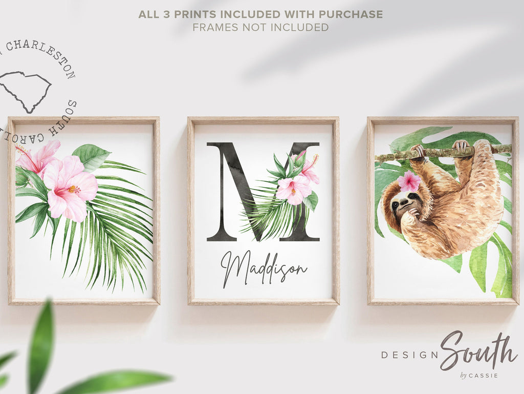 Sloth decor, tropical baby shower, sloth wall art prints for baby girl, sloth birthday party gift, sloth decorations, tropical room wall art