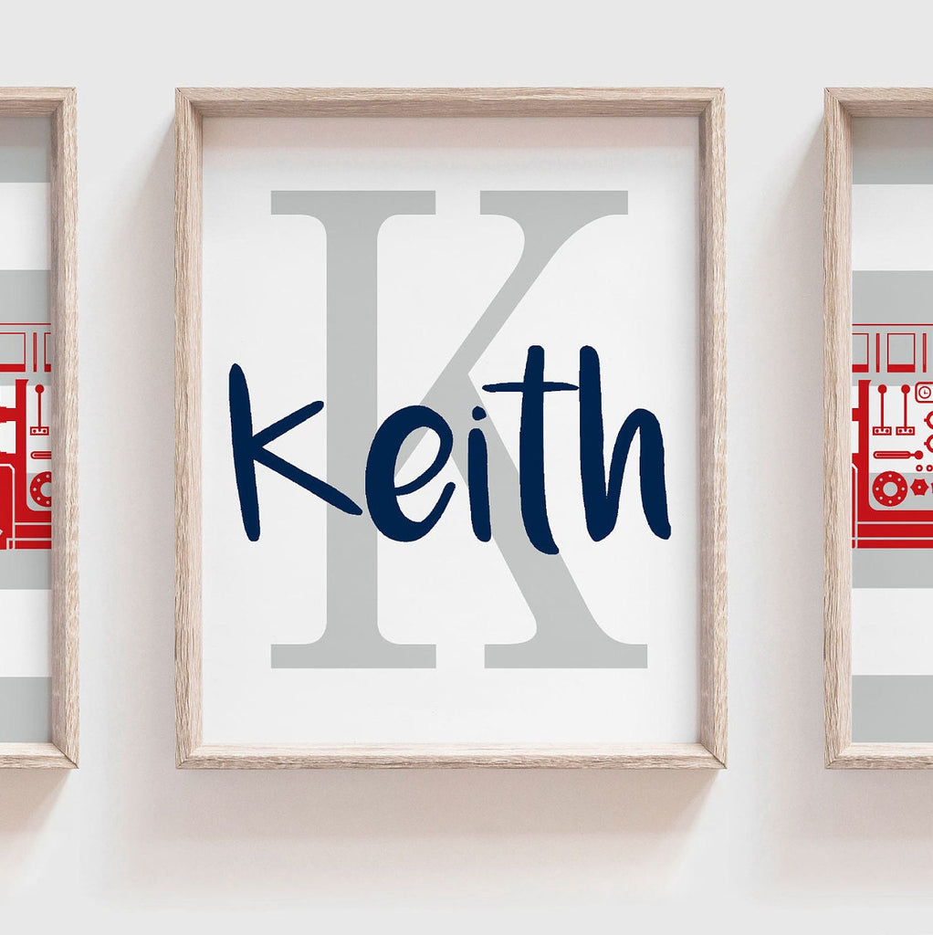 Red navy blue gray fire truck wall art, baby boy nursery fire truck theme personalized, name art red fire truck decor, baby shower fireman