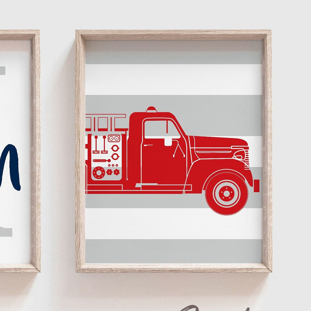 Red navy blue gray fire truck wall art, baby boy nursery fire truck theme personalized, name art red fire truck decor, baby shower fireman