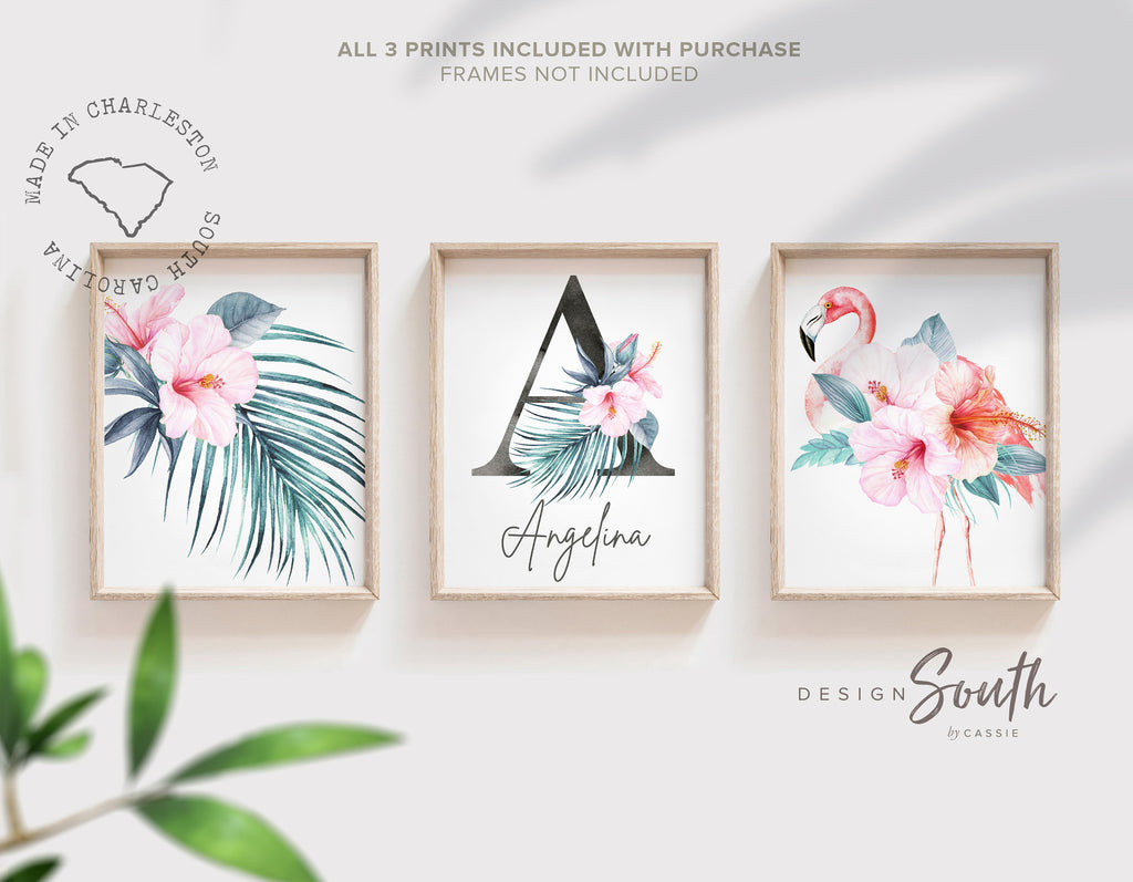 Tropical leaves girl's room wall art, flamingo nursery decor, tropical hawaiian theme room, tropical baby shower gift for girl personalized