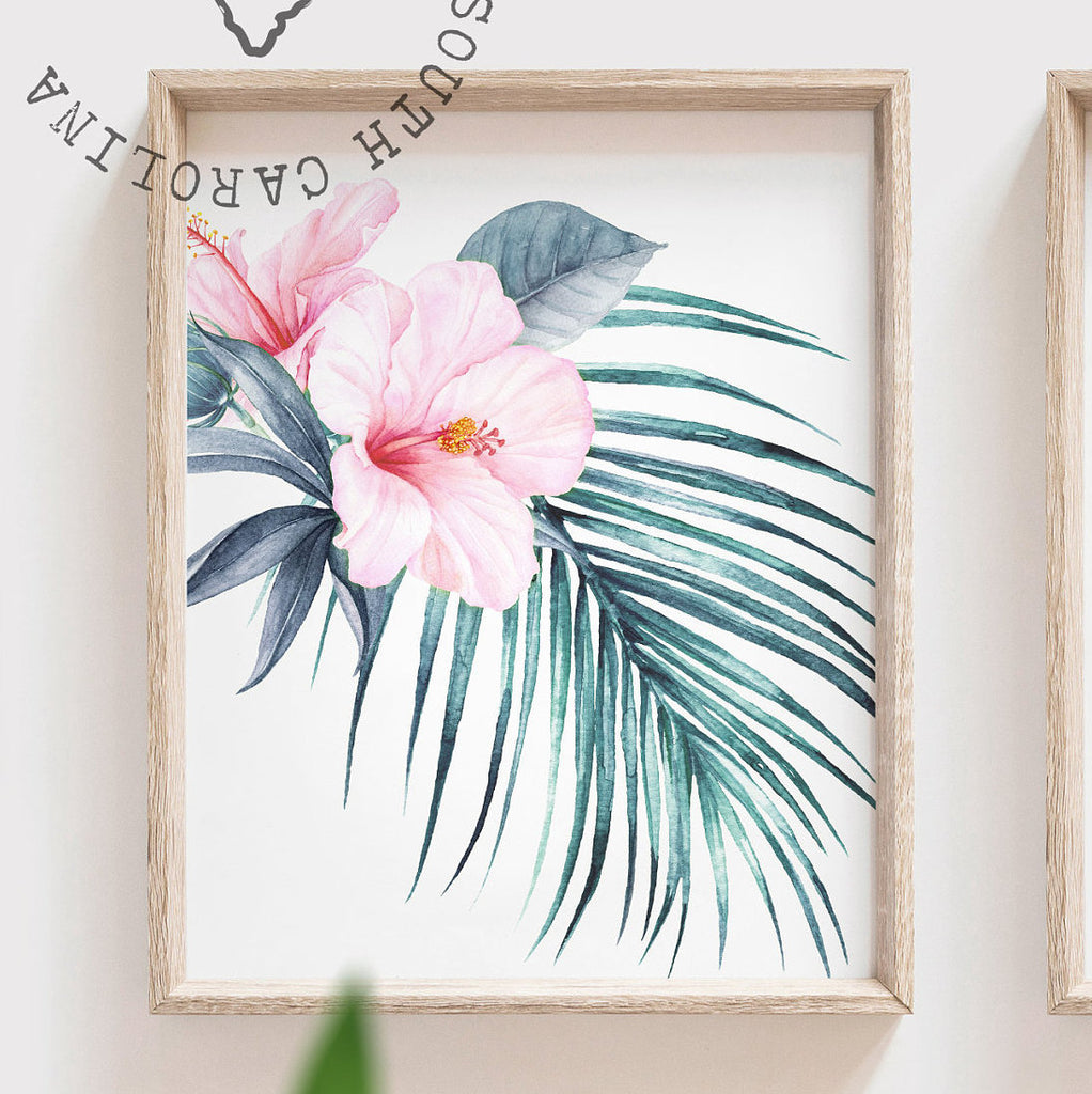 Tropical leaves girl's room wall art, flamingo nursery decor, tropical hawaiian theme room, tropical baby shower gift for girl personalized