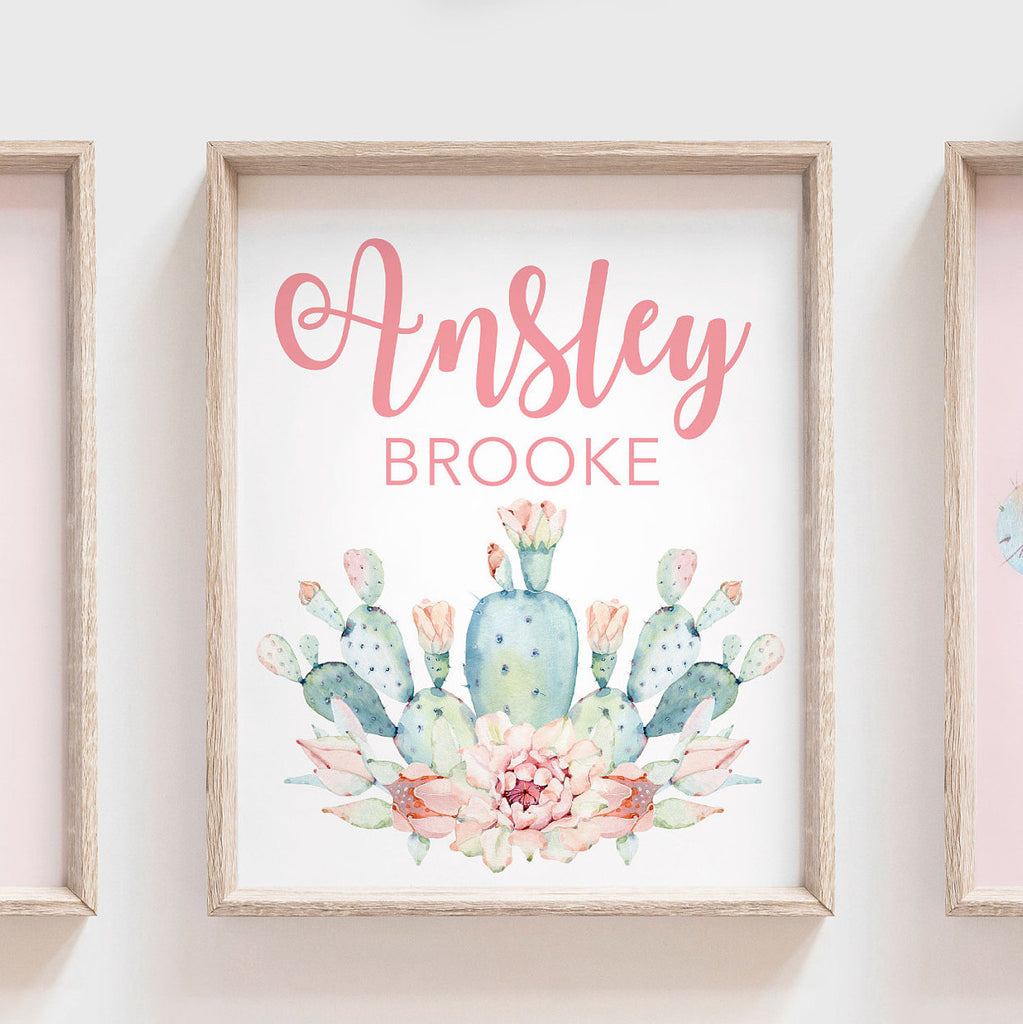 Baby girl nursery wall art, succulent theme baby shower, pink and mint wall art for baby, girl's bedroom decor ideas, cactus theme nursery