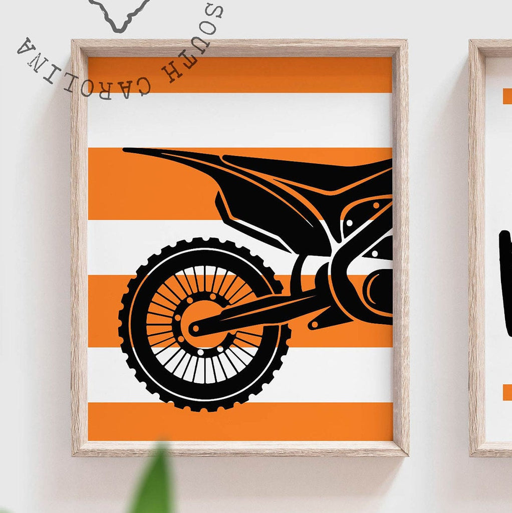 Boy's motocross, dirt bike themed sports kids birthday party gift, personalized boys name, orange and black dirt bike room decor motocross