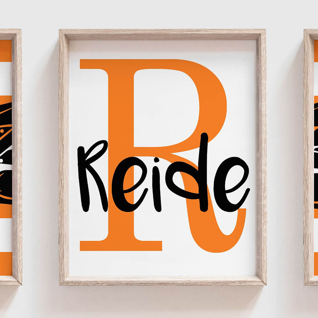 Boy's motocross, dirt bike themed sports kids birthday party gift, personalized boys name, orange and black dirt bike room decor motocross