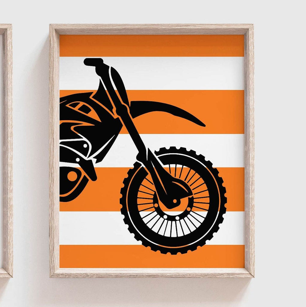 Boy's motocross, dirt bike themed sports kids birthday party gift, personalized boys name, orange and black dirt bike room decor motocross
